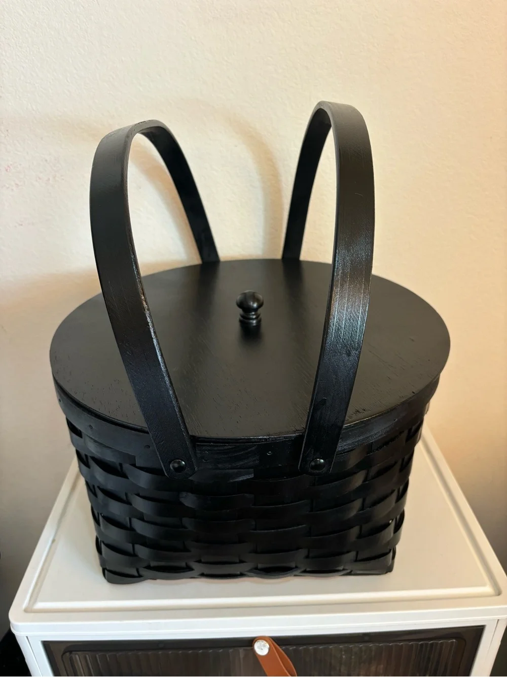 Vintage Amish Double Pie Woven Basket w/ Wood Lid, Fabric Liner & Swing Handles